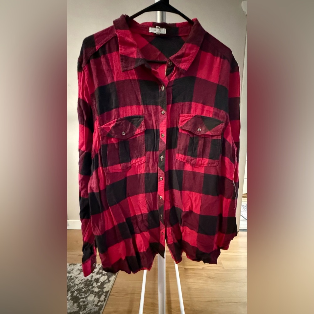 Maurices Pink and Black Flannel Plaid Button-Down